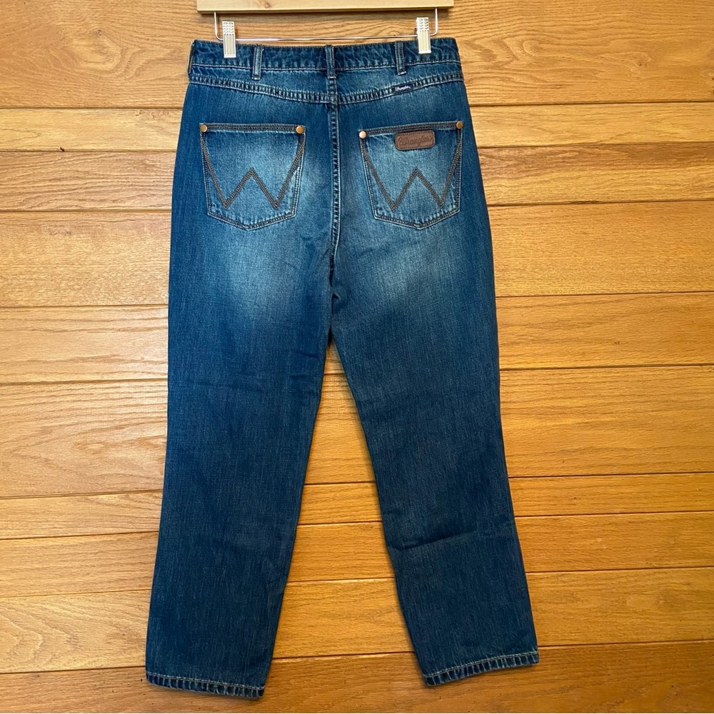 Wrangler dark wash distressed logo pocket straight tapered leg jeans